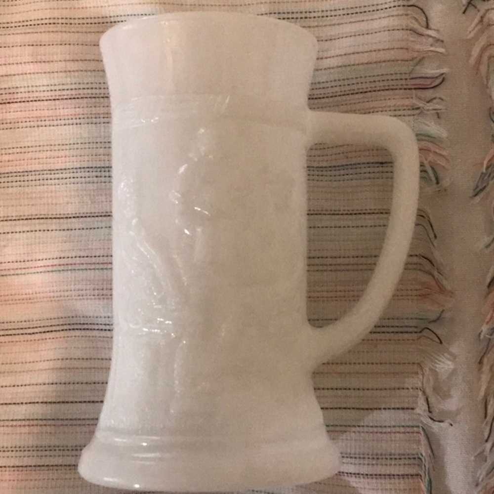 Vintage Federal white milk glass, 6 inch beer mug embossed with a tavern scene
